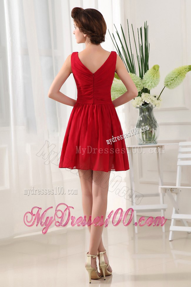 Simple Red Princess V-neck Ruched For Party Dress With Mini-length