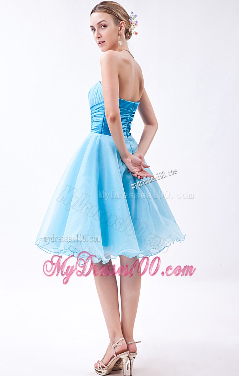2013 Baby Blue Strapless Knee-length Ruched Party Dresses