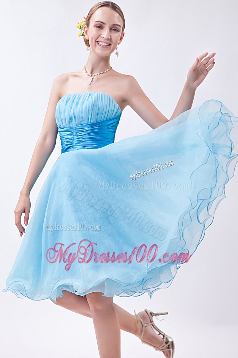 2013 Baby Blue Strapless Knee-length Ruched Party Dresses