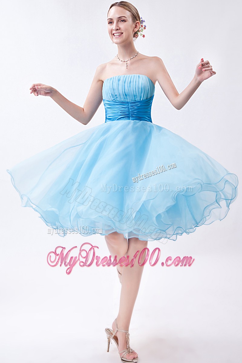 2013 Baby Blue Strapless Knee-length Ruched Party Dresses