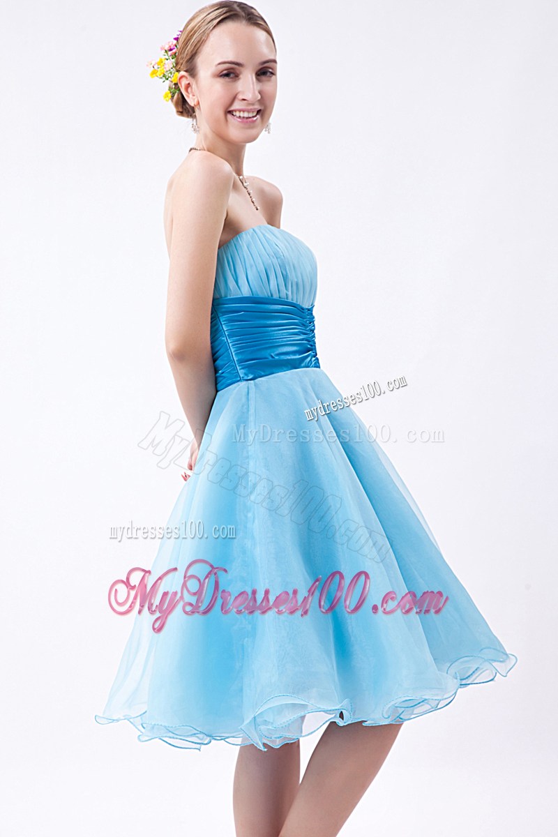 2013 Baby Blue Strapless Knee-length Ruched Party Dresses