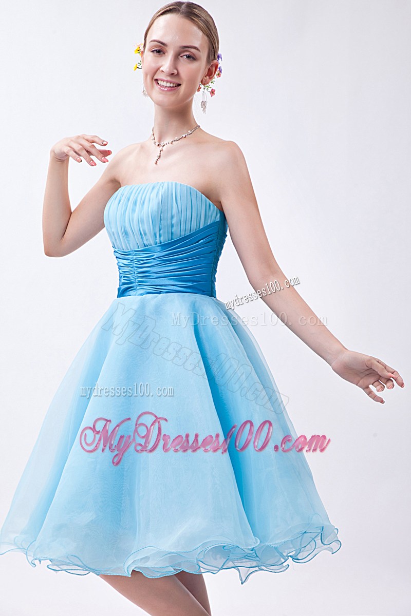 2013 Baby Blue Strapless Knee-length Ruched Party Dresses