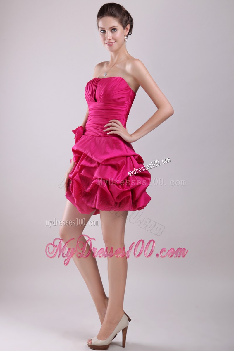Hot Pink Strapless Mini-length Hand Made Flower Party Dress