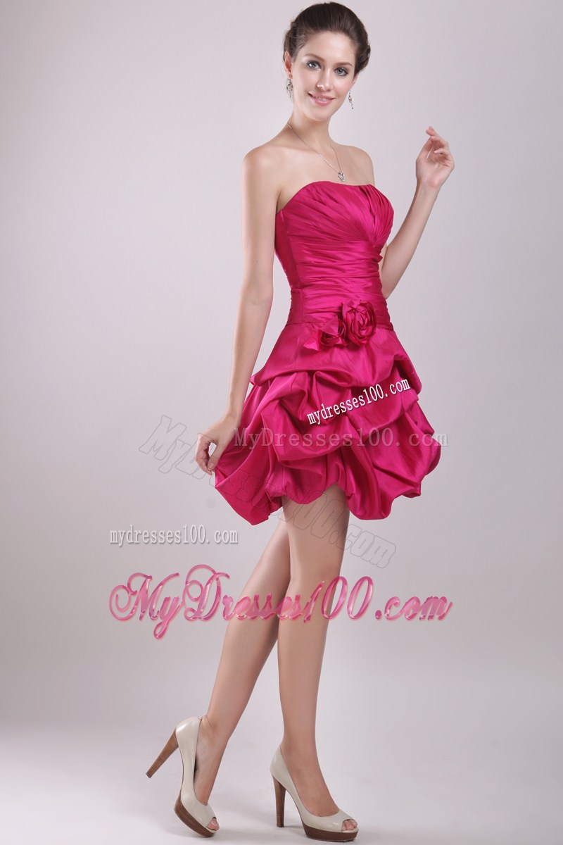 Hot Pink Strapless Mini-length Hand Made Flower Party Dress