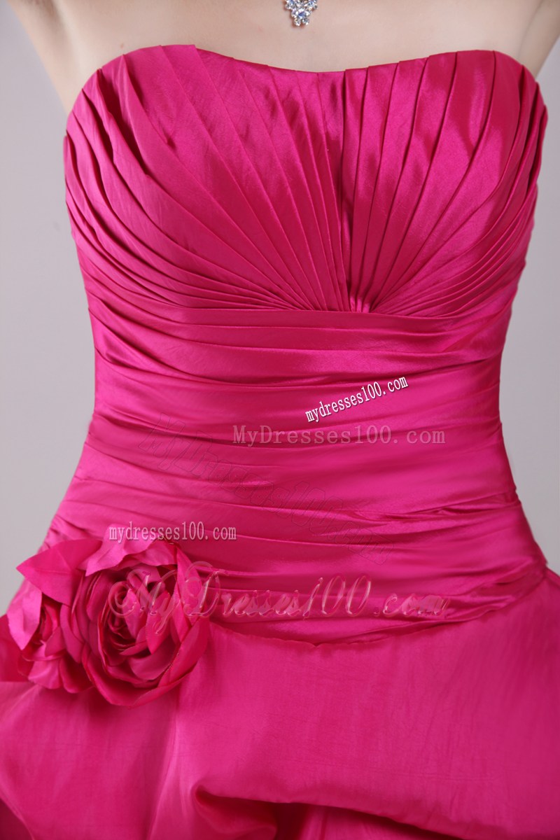 Hot Pink Strapless Mini-length Hand Made Flower Party Dress