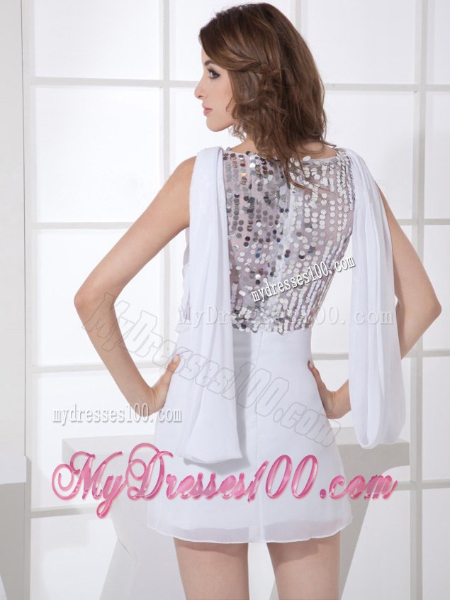 Elegant Scoop Watteau Train Sequins White Straps 2013 Party Dresses
