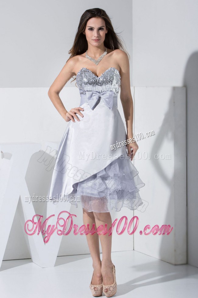 2013 Sequin Bowknot Ruffled Sweetheart Grey Tea-length Party Dresses
