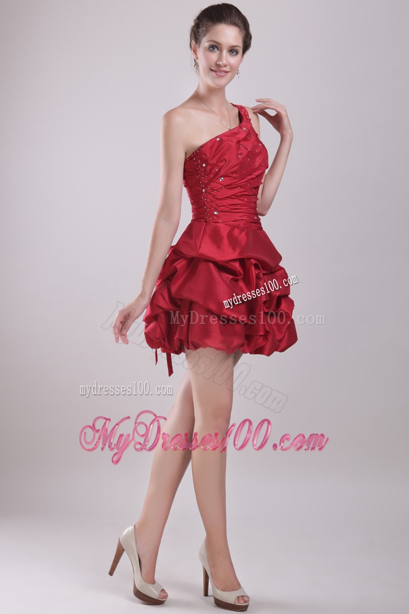 Red Princess One Shoulder Mini-length Beading Party Dress