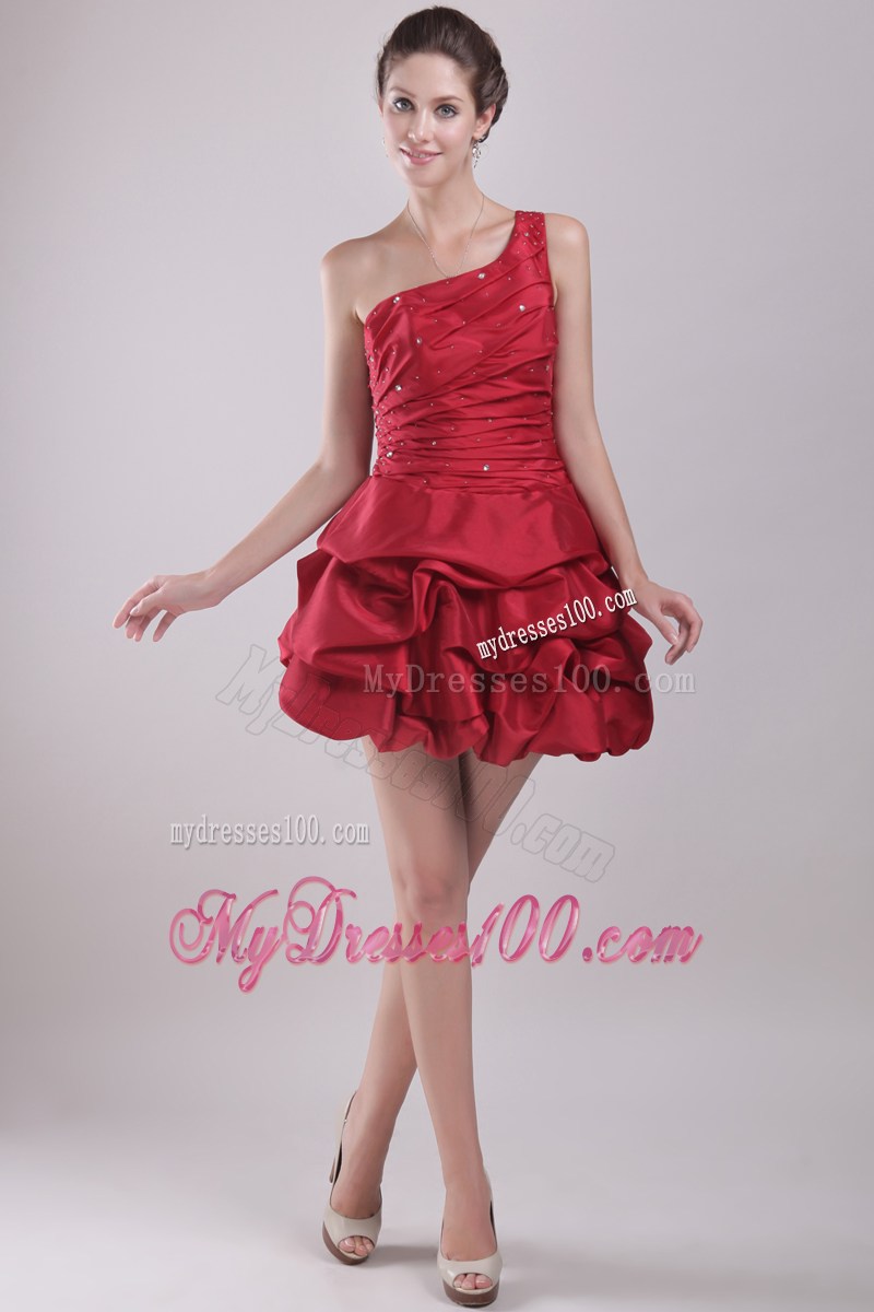 Red Princess One Shoulder Mini-length Beading Party Dress