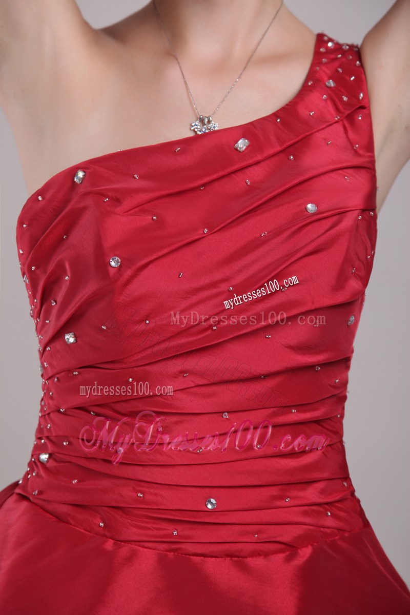 Red Princess One Shoulder Mini-length Beading Party Dress