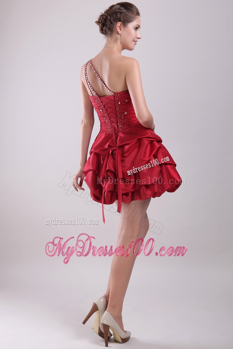 Red Princess One Shoulder Mini-length Beading Party Dress