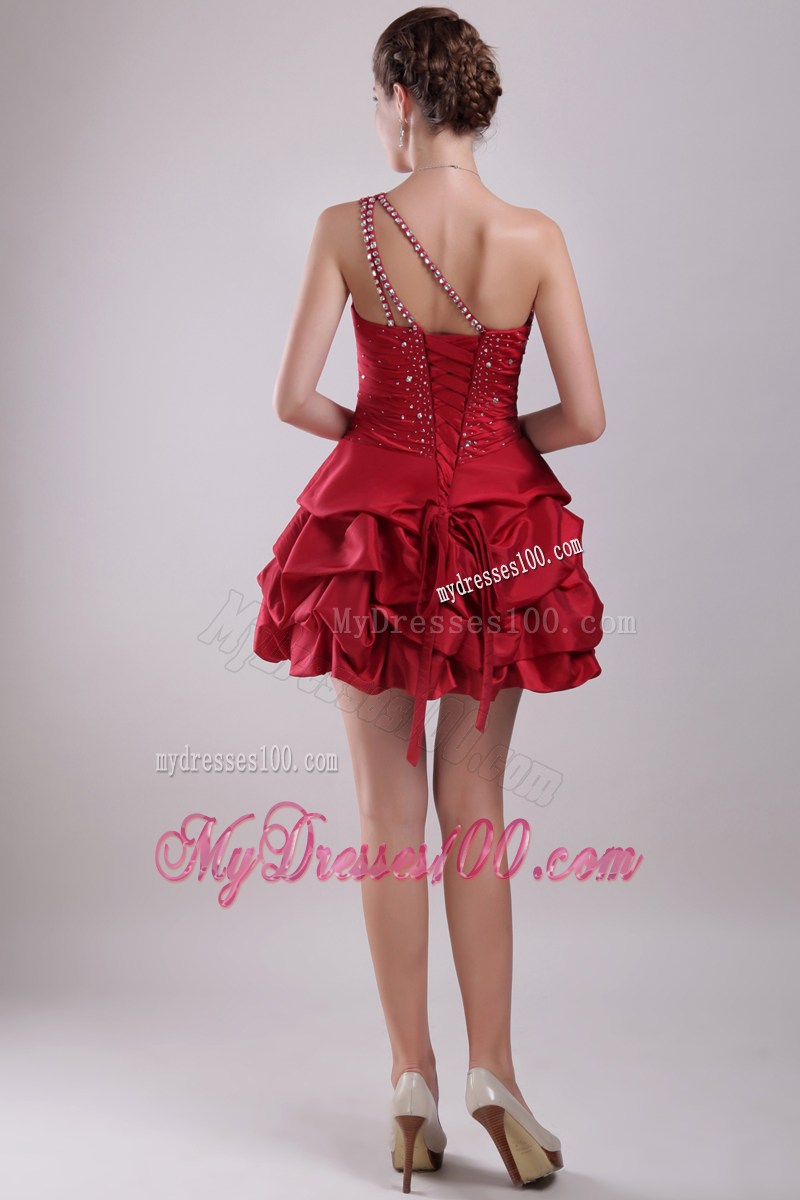 Red Princess One Shoulder Mini-length Beading Party Dress