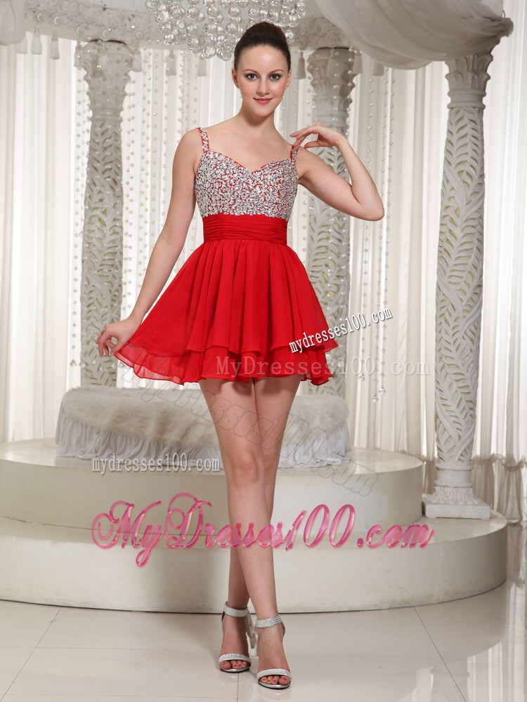 2013 Pretty Red Spaghetti Straps Beading Mini-length Party Dresses