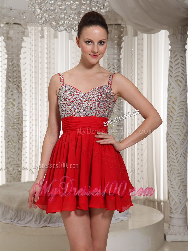 2013 Pretty Red Spaghetti Straps Beading Mini-length Party Dresses