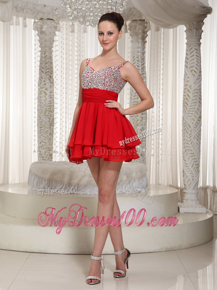 2013 Pretty Red Spaghetti Straps Beading Mini-length Party Dresses