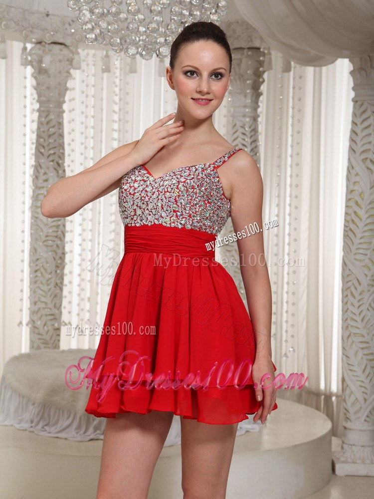 2013 Pretty Red Spaghetti Straps Beading Mini-length Party Dresses