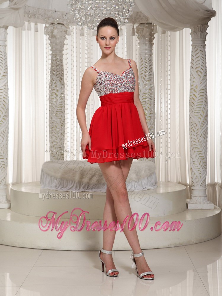 2013 Pretty Red Spaghetti Straps Beading Mini-length Party Dresses