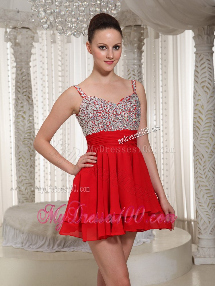 2013 Pretty Red Spaghetti Straps Beading Mini-length Party Dresses