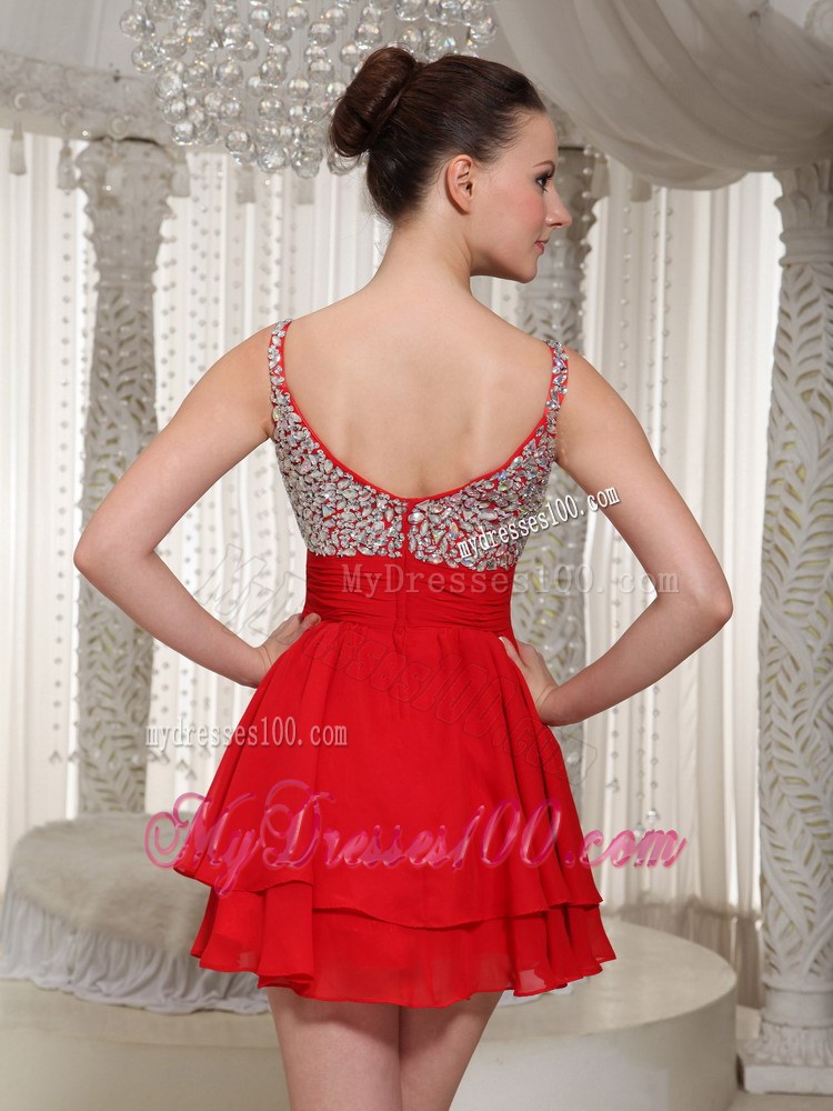 2013 Pretty Red Spaghetti Straps Beading Mini-length Party Dresses