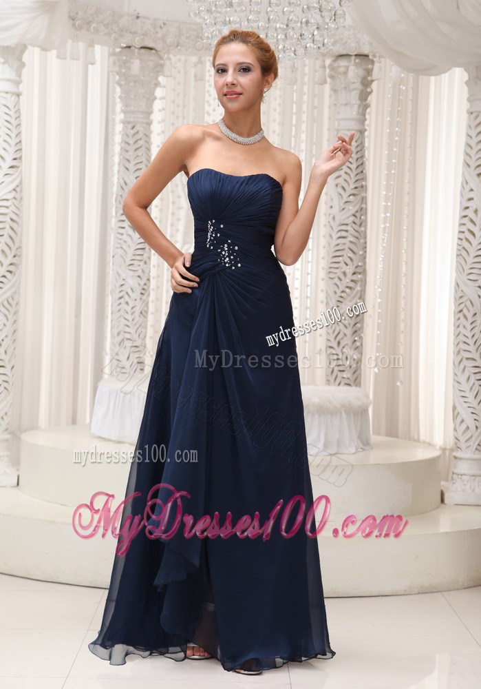 Modest Strapless Navy Blue For Party Dress Beaded Decorate Waist