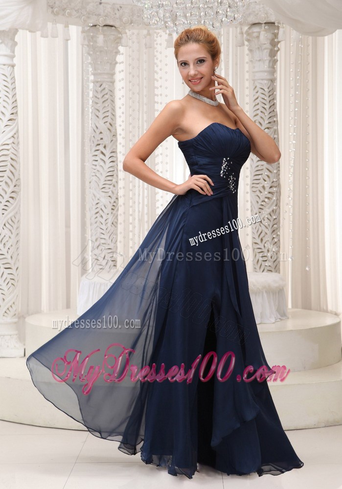 Modest Strapless Navy Blue For Party Dress Beaded Decorate Waist
