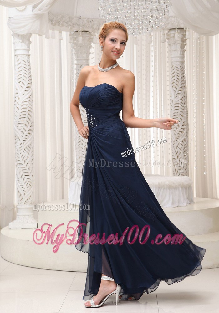 Modest Strapless Navy Blue For Party Dress Beaded Decorate Waist