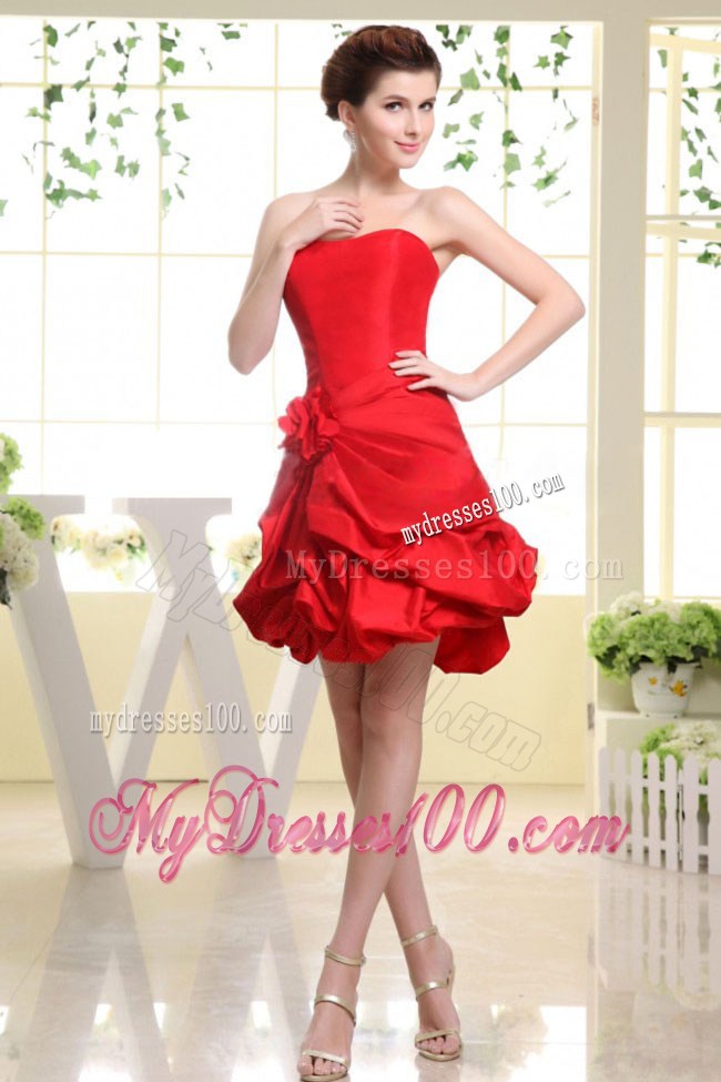 Strapless Red and Hand Made Flower For Party Dress With Pick-ups
