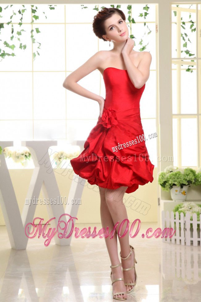 Strapless Red and Hand Made Flower For Party Dress With Pick-ups