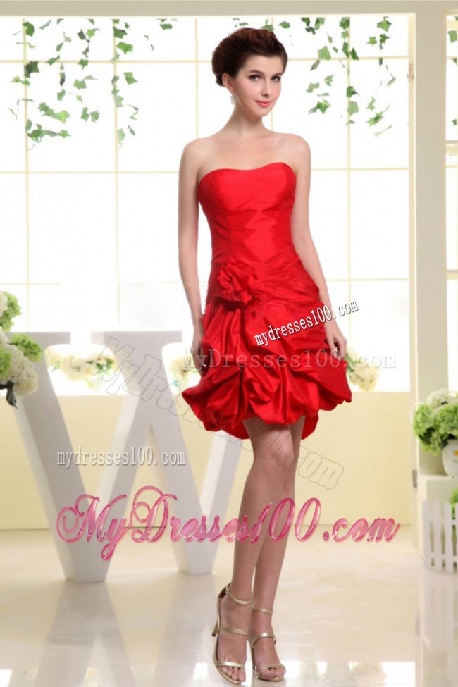 Strapless Red and Hand Made Flower For Party Dress With Pick-ups