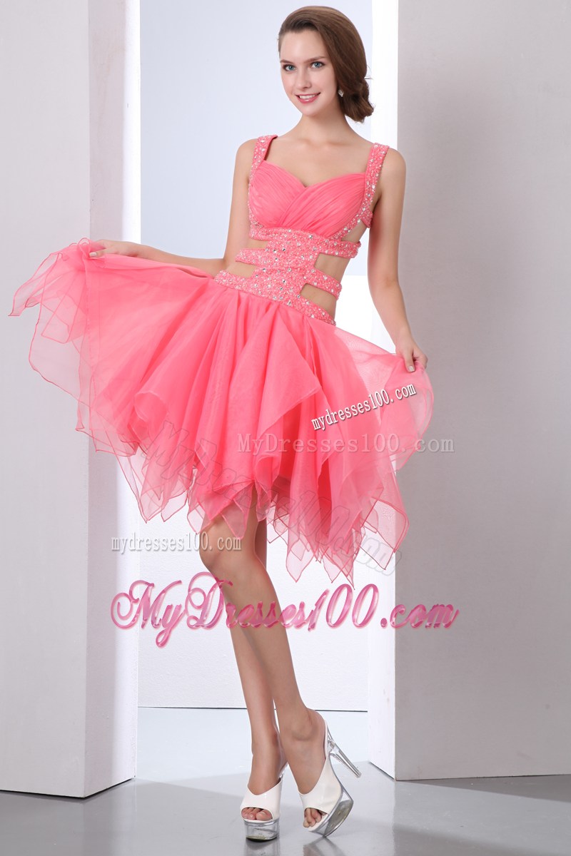 Sexy Watermelon Party Dresses Straps Asymmetrical Beading