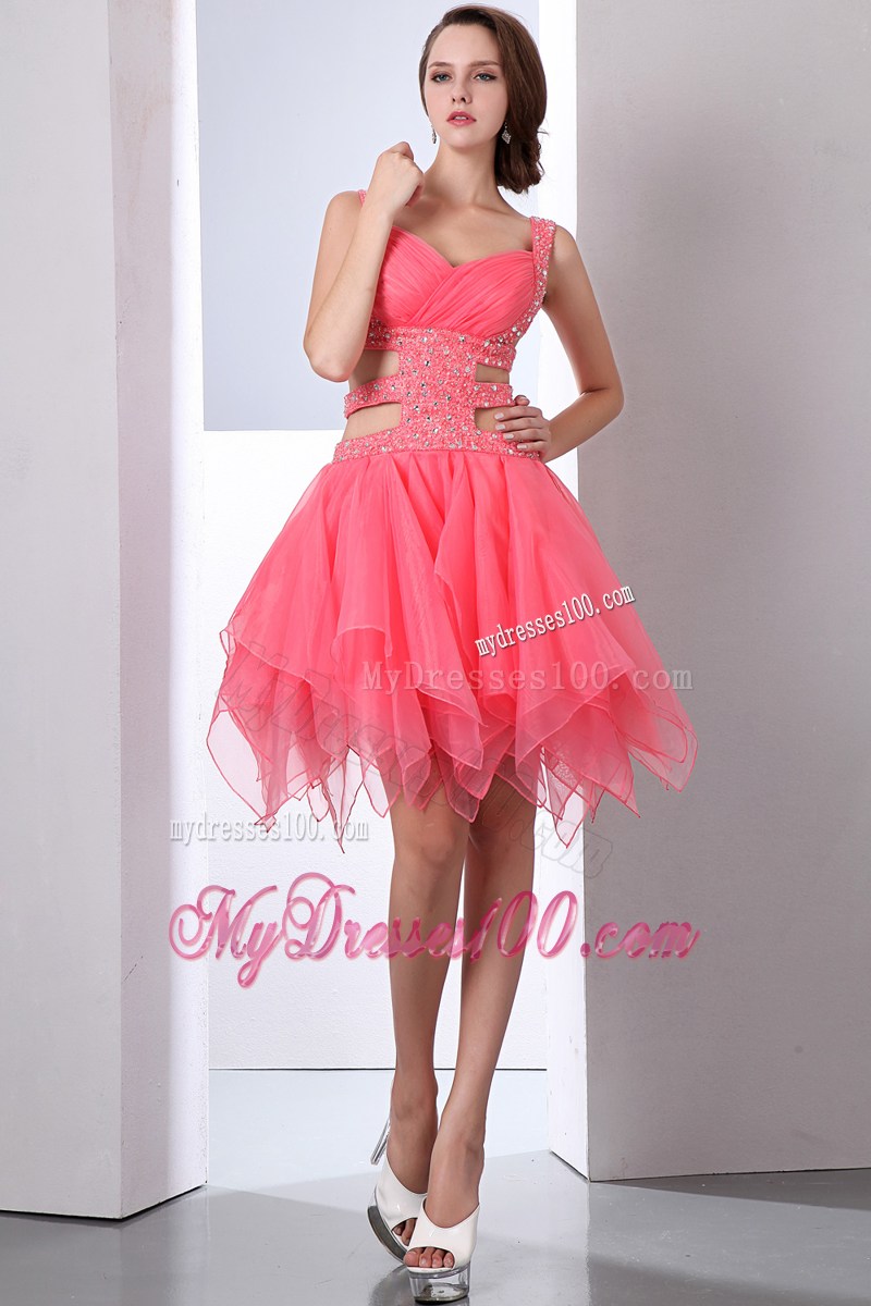 Sexy Watermelon Party Dresses Straps Asymmetrical Beading