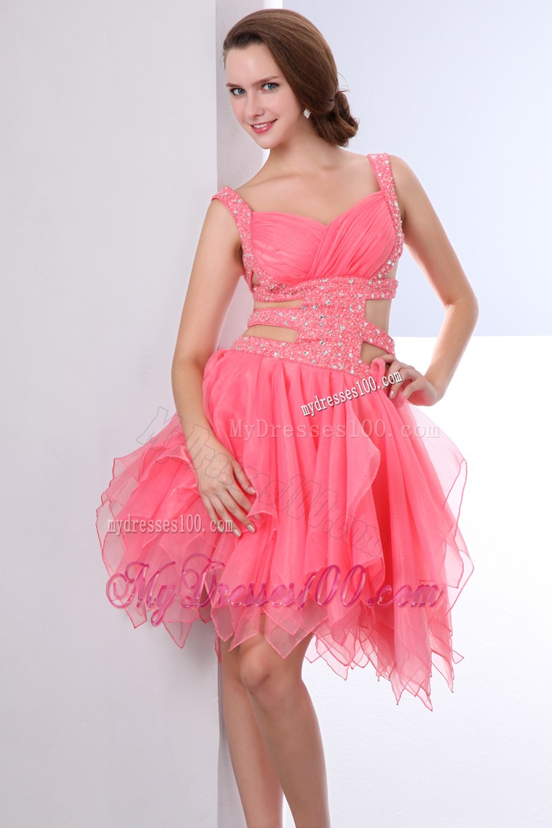 Sexy Watermelon Party Dresses Straps Asymmetrical Beading