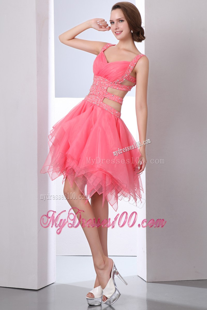 Sexy Watermelon Party Dresses Straps Asymmetrical Beading