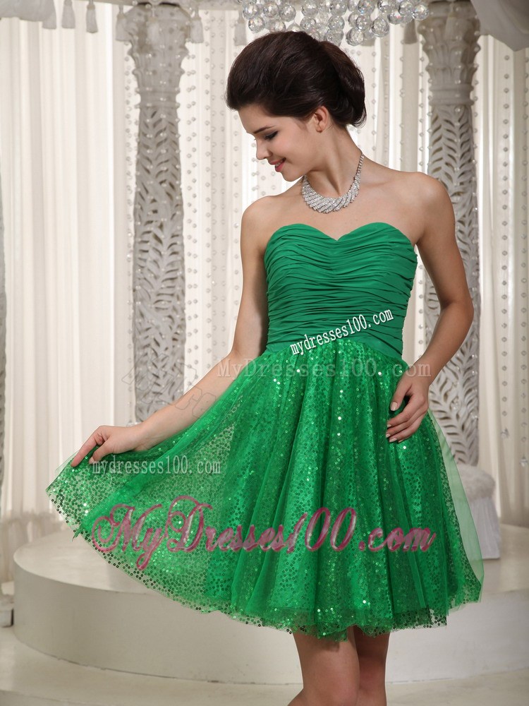 Green Sweetheart Mini-length Sequin Ruched Party Dresses