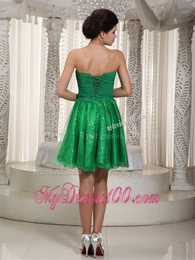 Green Sweetheart Mini-length Sequin Ruched Party Dresses