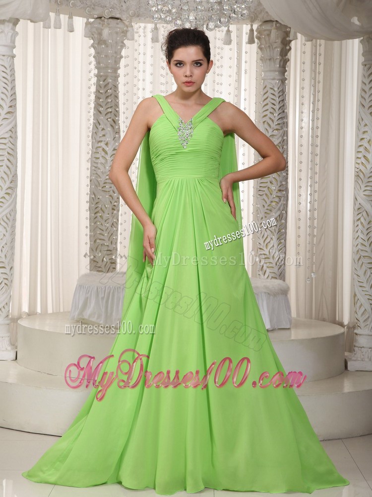 Spring Green Princess Empire V-neck Watteau Beading Party Dresses