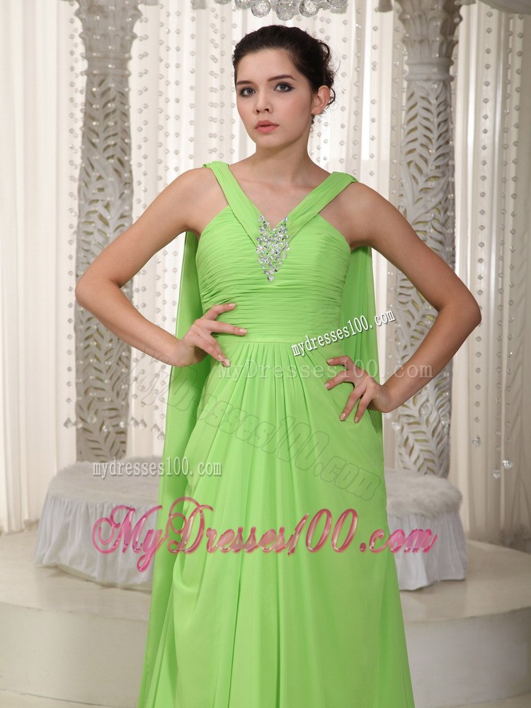 Spring Green Princess Empire V-neck Watteau Beading Party Dresses