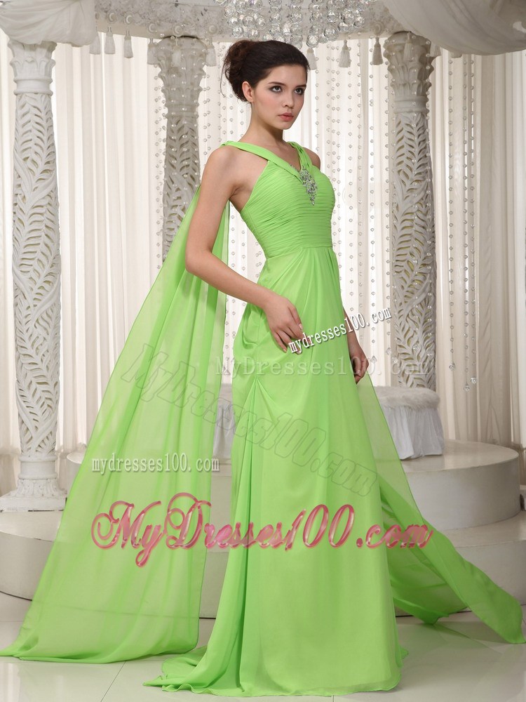 Spring Green Princess Empire V-neck Watteau Beading Party Dresses