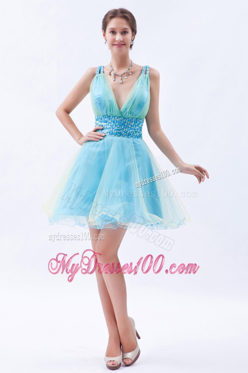 Cute Blue Princess V-neck Party Dresses Sequins Mini-length
