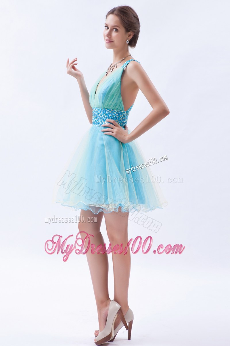 Cute Blue Princess V-neck Party Dresses Sequins Mini-length