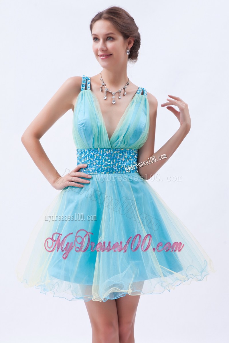 Cute Blue Princess V-neck Party Dresses Sequins Mini-length