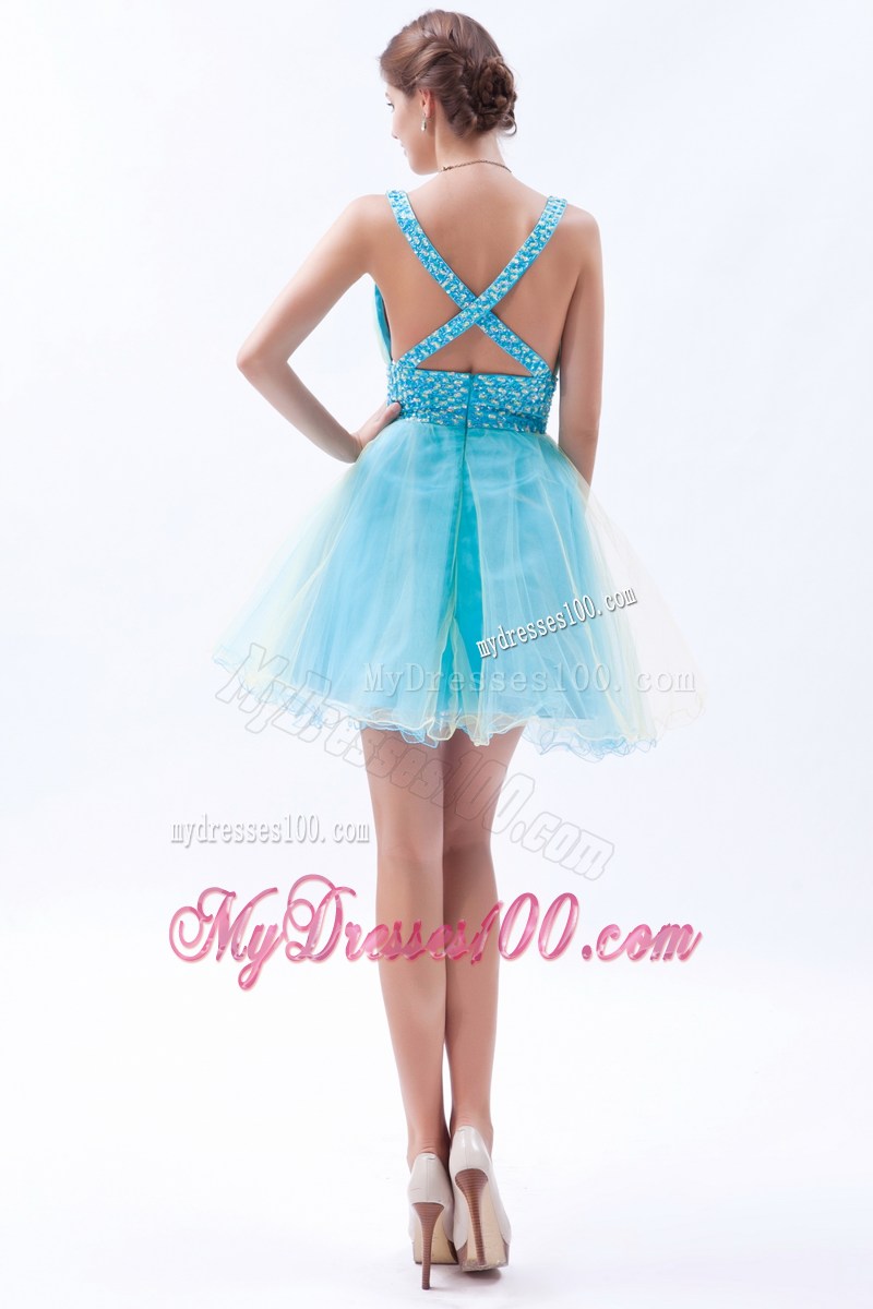 Cute Blue Princess V-neck Party Dresses Sequins Mini-length