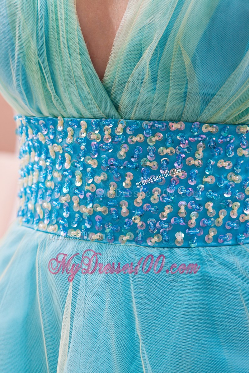 Cute Blue Princess V-neck Party Dresses Sequins Mini-length