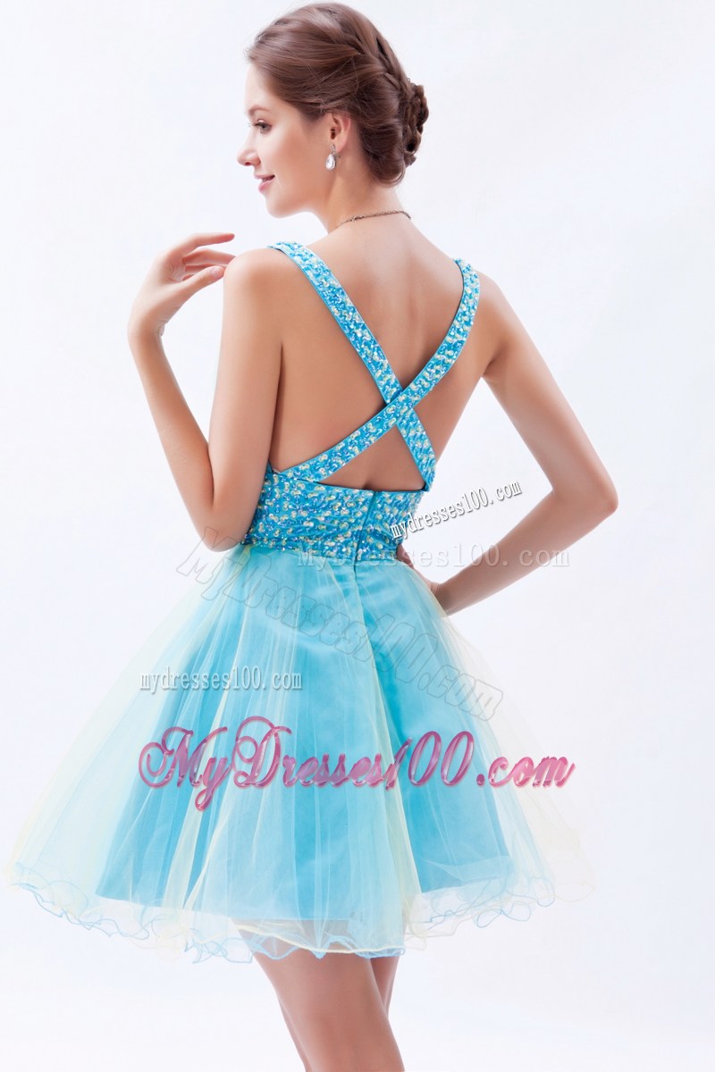 Cute Blue Princess V-neck Party Dresses Sequins Mini-length