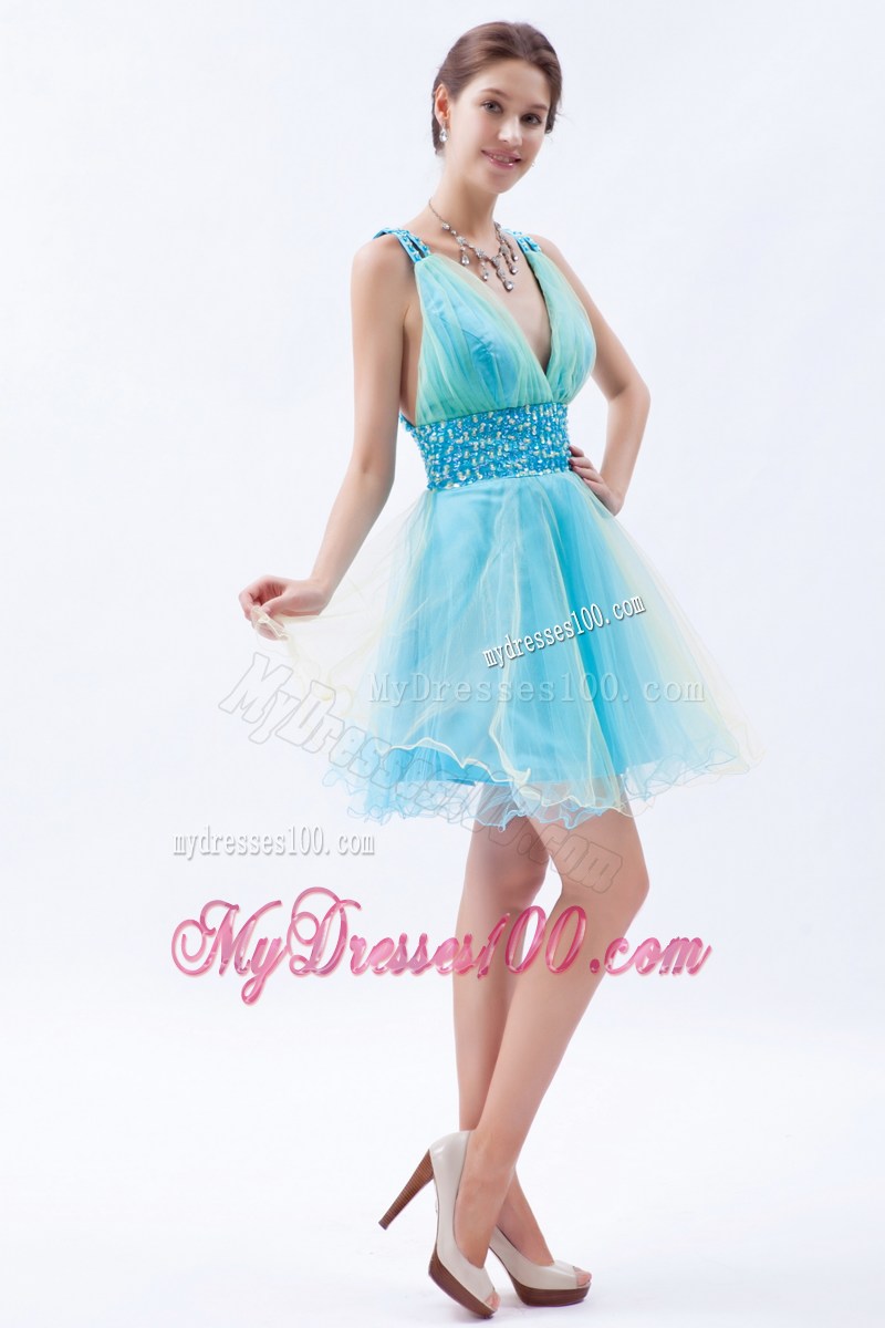Cute Blue Princess V-neck Party Dresses Sequins Mini-length