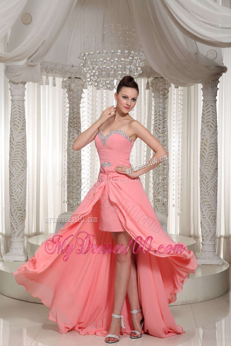 Custom Made High-low Party Dresses With Watermelon Red Beading
