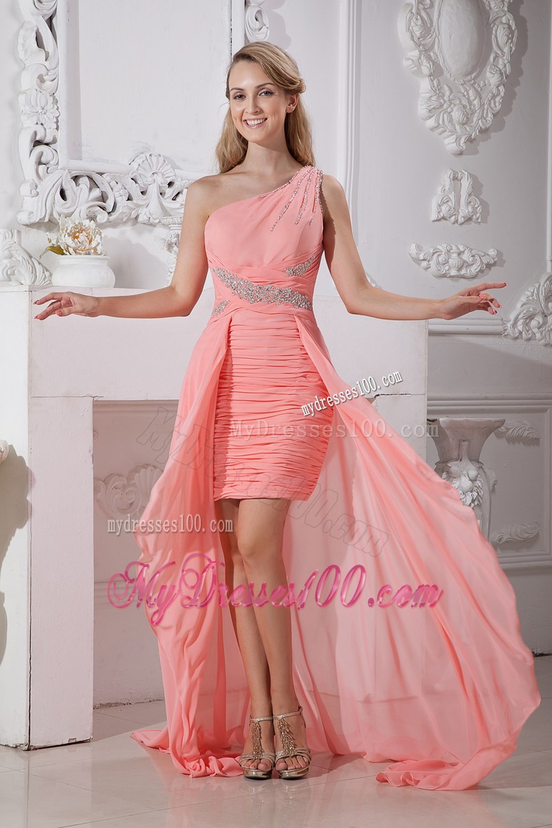 Watermelon Red Column One Shoulder High-low Beading Party Dress