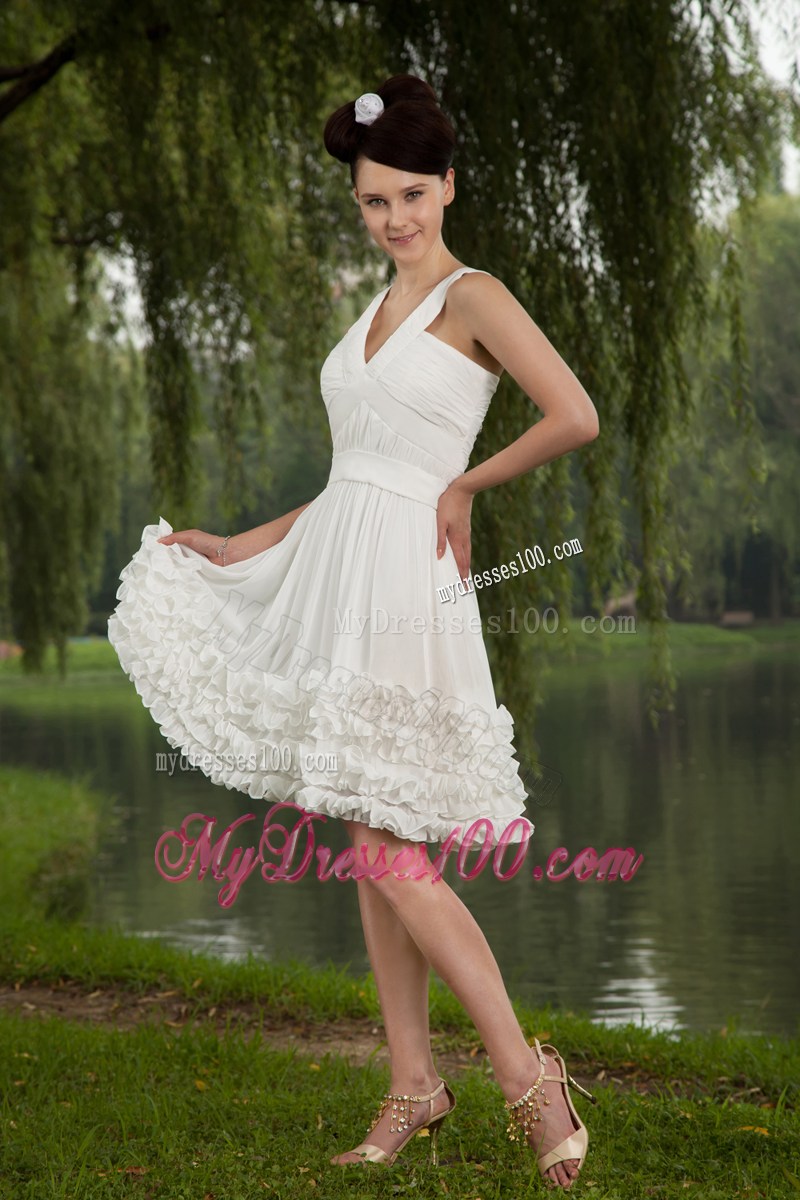 Elegant White Empire V-neck Party Dresses With Ruching Mini-length