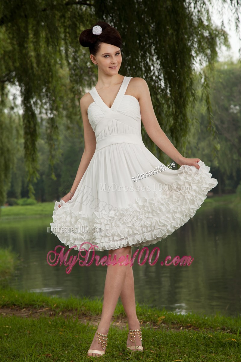 Elegant White Empire V-neck Party Dresses With Ruching Mini-length