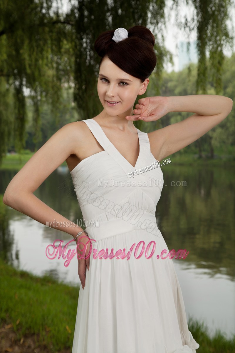 Elegant White Empire V-neck Party Dresses With Ruching Mini-length